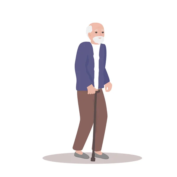 Velho exausto andando com uma bengala isolada sobre fundo branco. Um homem idoso. Ilustração vetorial — Vetor de Stock