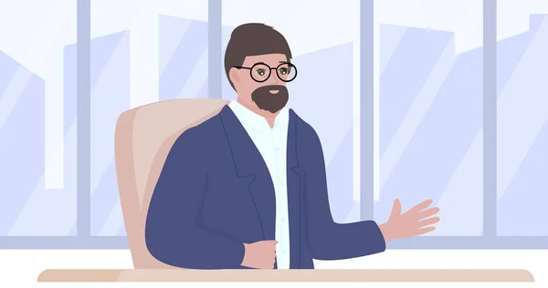 Masada oturan ciddi bir blogcu. İş adamı kostümlü bir erkek iş, siyaset ve ekonomik durum hakkında uzman görüşünü söylüyor.