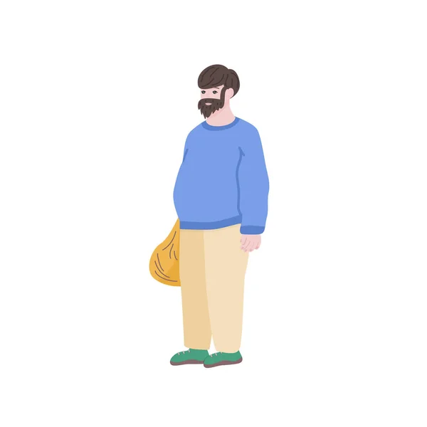 Gordo macho de pé e segurando saco cheio. Personagem humano em camisola azul e calças amarelas. Isolado na ilustração do vetor branco. — Vetor de Stock