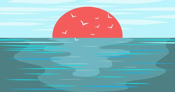 Paisagem calma do mar. Nascer do sol e voar pássaro acima do belo mar. Ilustração vetorial. — Vetor de Stock