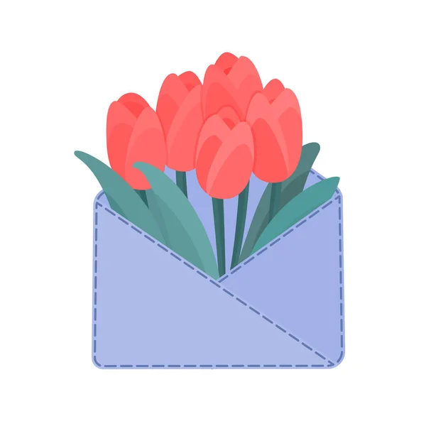 Zarfın içinde güzel laleler var. Bahar çiçeği buketi. Düz biçimli mutlu harf kavramı.