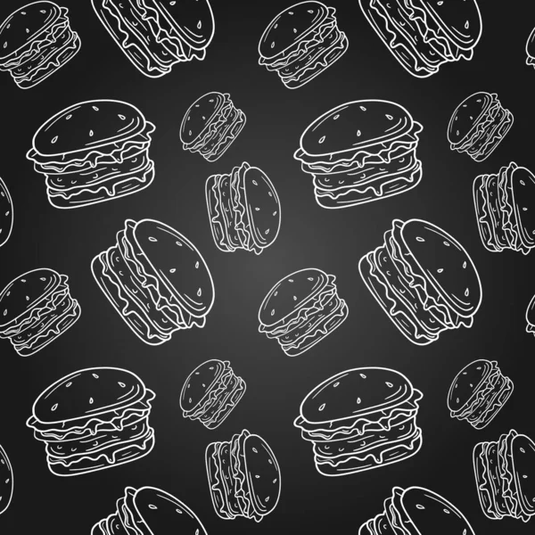 Padrão sem costura hambúrguer no quadro negro. Impressões repetitivas. Imensa ilustração vetorial. — Vetor de Stock