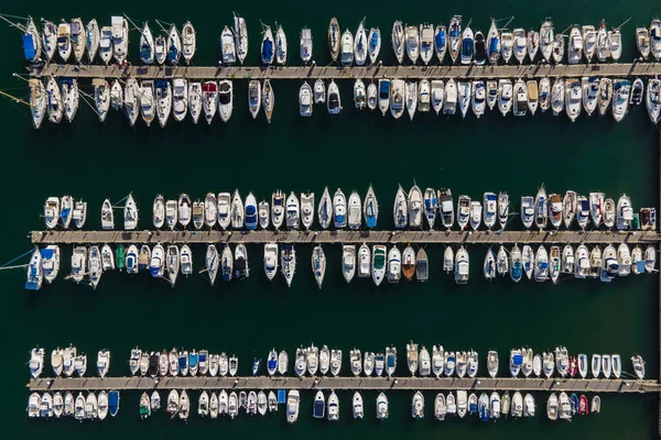 Aerial view of sailing boats docked at the harbour in Premia de Mar, Catalunya, Spain.