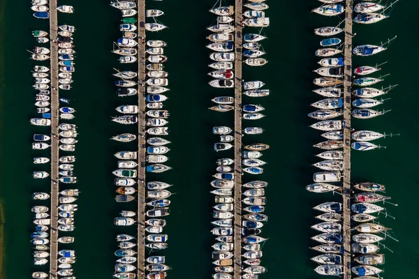 Aerial view of sailing boats docked at the harbour in Premia de Mar, Catalunya, Spain.