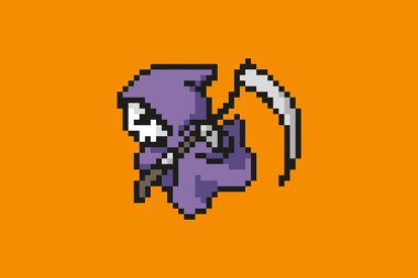 Ölüm cadılar bayramı ikonu, kafatası şeklinde, elinde mor bir kapüşon ve elinde bir orakla turuncu arka plan pikselinde bir kurbanı kovalıyor. 8 bit tarzında.