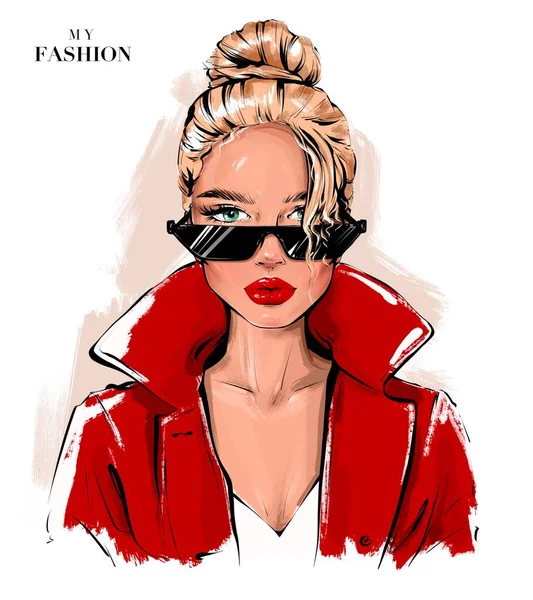 Güneş gözlüklü güzel sarışın kız. Saç topuzu olan kadın. Moda kadını. Güzel kız. Moda çizimi.