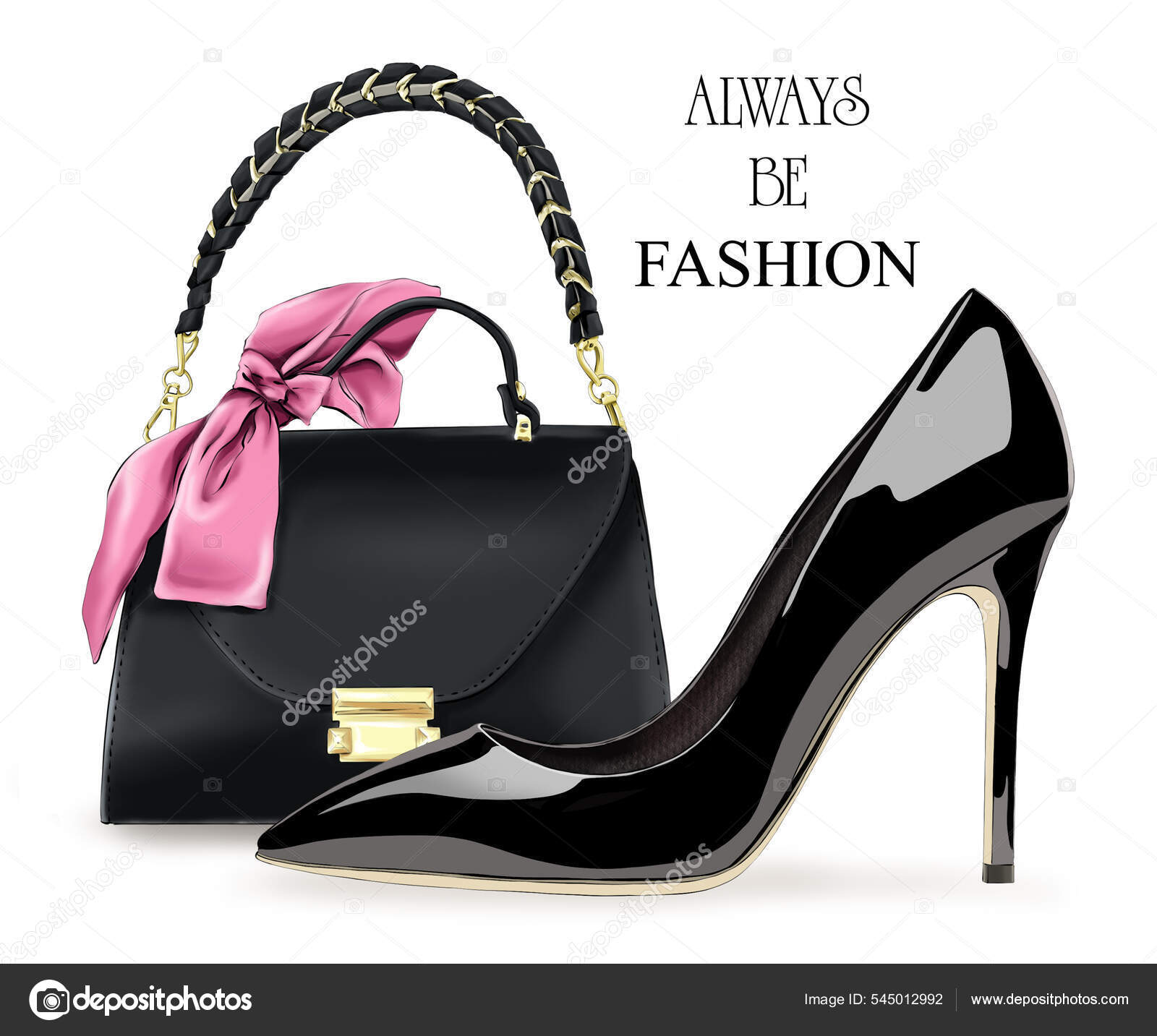 Fashion Set Black High Heel Shoe Bag Stylish Accessories Stock
