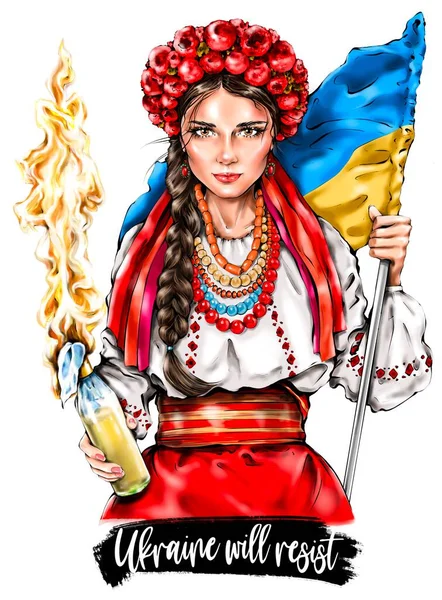 Ukrainian woman holding Molotov cocktail. Girl in traditional Ukrainian clothes and flower wreath on her head. Beautiful woman holding Ukrainian flag.