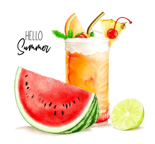 Summer set with watermelon, cocktail and lemon. Fresh summer cocktail with straw. Glass of pineapple soda drink. 