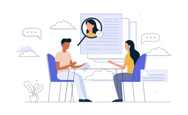 HR specialist having an interview with job applicant. Negotiation. Meeting. Man and Woman Characters Having Business Conversation. Employment process. Flat Vector Illustration Vector Graphics