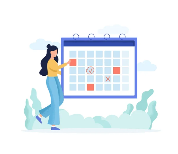 Woman Planning Schedule with Calendar. Circle Date on Huge Calendar. Business Plan. Time Management. Memo Reminder. Work Plan Concept. Flat Vector Illustration. Royalty Free Stock Vectors
