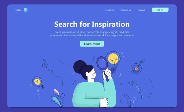 The woman is holding magnifier, looking for idea. SEO, Search Engine Optimization. Generating ideas, imagination, inspiration concept. New business ideas Colorful flat vector illustration Royalty Free Stock Illustrations
