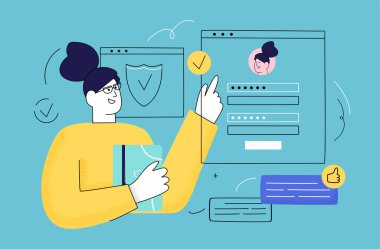 Çevrimiçi kayıt ve kayıt kavramı. Kullanıcılar web sitesinde veya sosyal medya hesabında güvenli giriş ve parola kullanırlar. Profil ve hesap korumasını internetten yapın. Düz Vektör İllüstrasyonu