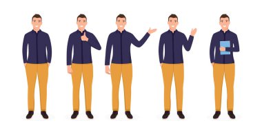 Farklı pozlarda duran genç yakışıklı bir adam. Günlük kıyafetler giyiyorlardı. Düz Vektör İllüstrasyonu