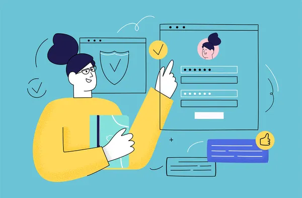 Online-Registrierung und Anmeldekonzept. Benutzer verwenden sichere Login und Passwort auf Website oder Social-Media-Konto. Profil- und Kontenschutz im Internet. Flache Vektor-Illustration — Stockvektor