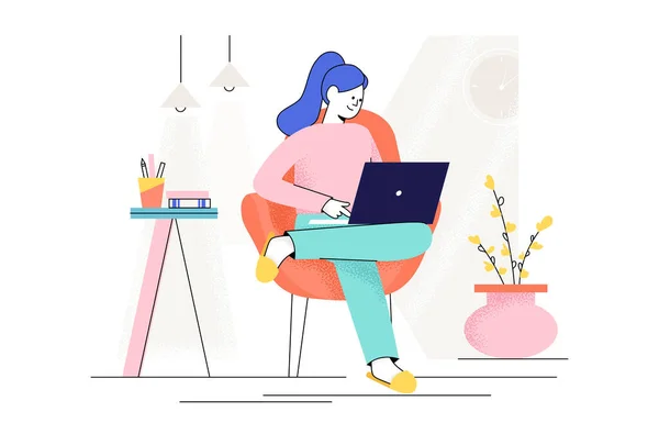 Lucrul de la conceptul de acasă. O femeie care foloseşte laptopul. Freelance. E-learning. Fata studiază. Angajat externalizat. Flat Vector Illustration — Vector de stoc