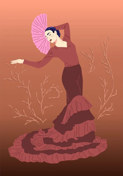 Linda Jovem Dançando Flamenco Dançarina Espanhola Flamenco Com Ventilador Ilustração —  Vetores de Stock