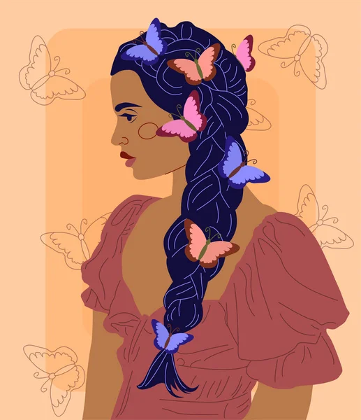 Fekete Bőrű Pillangókkal Hajában Fiatal Vonzó Lány Vektorillusztráció — Stock Vector