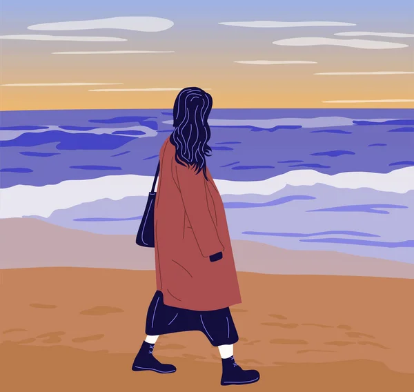 Beautiful Young Girl Walks Beach Autumn Sea Vector Illustration — Stock Vector