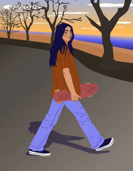 Teenage Girl Walks Autumn Skate Autumn Mood Cheerful Woman Vector — Stock Vector