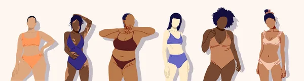 Femme Diversifiée Maillot Bain Groupe Femmes Corps Ethnicité Différents Posant — Image vectorielle