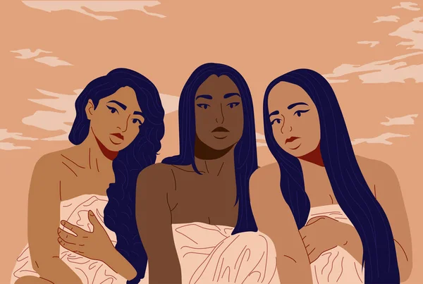3人の色々な女の子がタオルで覆われて座っています 多民族の美しさ 異なる民族の女性 ベクターイラスト — ストックベクタ
