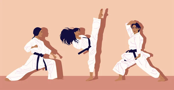 Karate Woman Fighter Kimono Set Karate Poses Girl Self Defense Stock Illustration