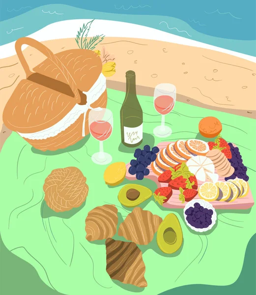 Picnic Estivo Sulla Spiaggia Cesto Picnic Carino Cane Vino Uva — Vettoriale Stock