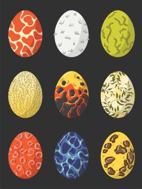 Sihir ya da mitolojik ejderha yumurtası oyunu varlığı. Fantastik dinozor ya da sürüngen renkli yumurta. Efsanevi hayvan yumurtaları. Oyun elemanları. Vektör İllüstrasyonu