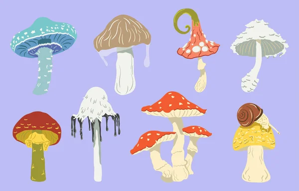 Conjunto Cogumelos Desenhos Animados Cogumelos Venenosos Fungo Alucinogénico Ativo Jogo — Vetor de Stock