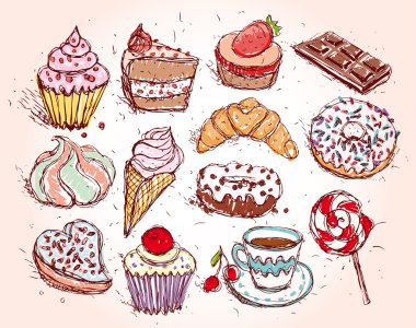 confectionery croissant and Cupcakes set clipart