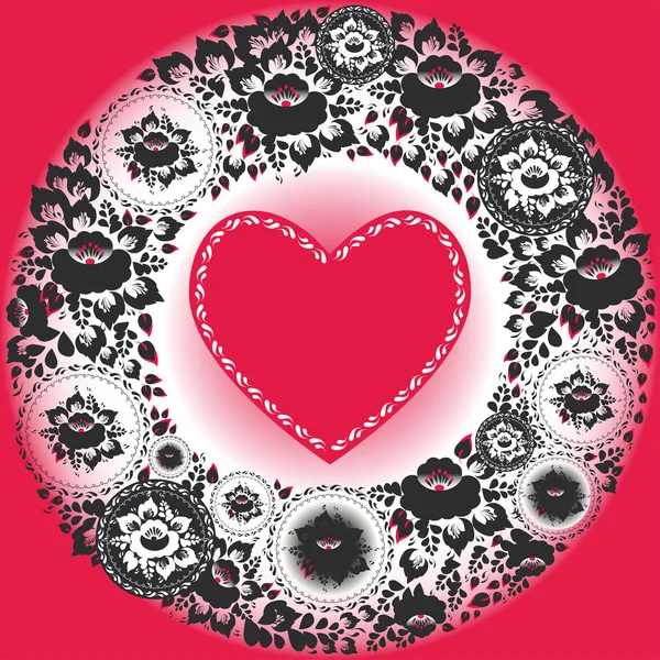 Pink heart and black flowers. — Stock Vector