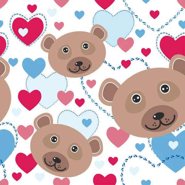 Seamless pattern with funny bears with pink and blue hearts — Stock Vector