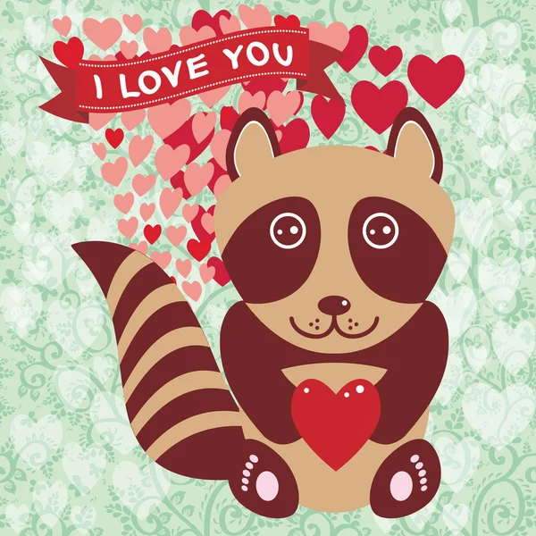 Cute raccoon with red heart. — Stock Vector