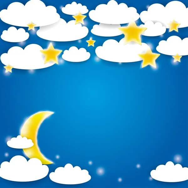 Beyaz bulutlar, yıldızlar ve ay — Stok Vektör