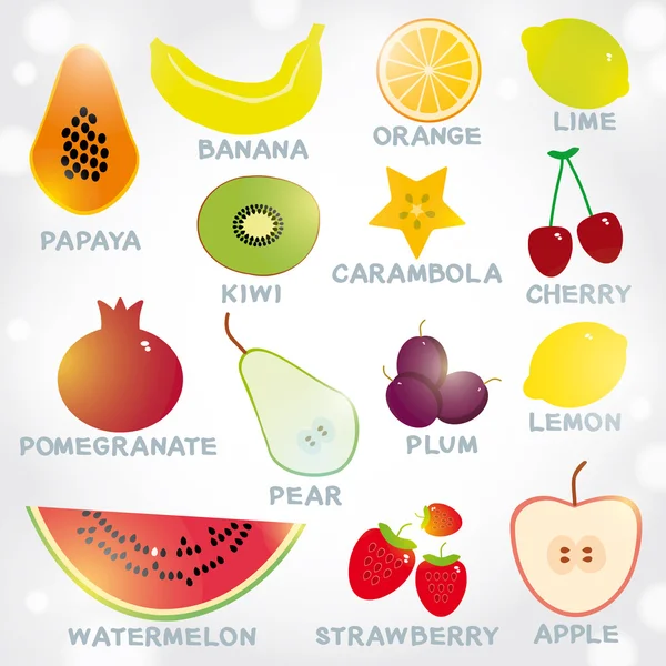 Conjunto de frutas jugosas brillantes frescas — Archivo Imágenes Vectoriales