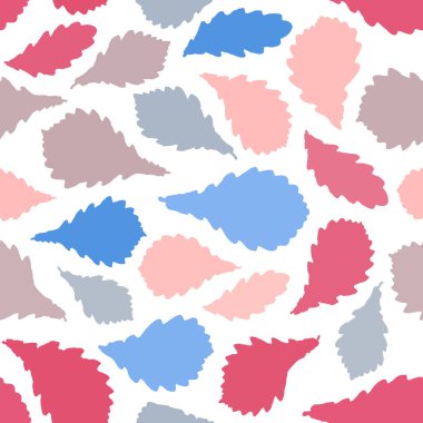 Kusursuz desenli meşe, doğada İskandinav tarzı bir arka plan bırakır. Mevsimin çocuk dekoru modası, pembe kestane rengi gri gri bej silueti beyaz üzerine. Hediye ambalajı duvar kağıdı olarak kullanılabilir. Vektör