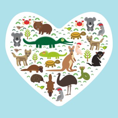 Animals Australia Collection: Echidna Platypus deve kuşu Emu Tazmanya canavarı papağan papağanı Wombat yılan kaplumbağası timsah kanguru dingo. Yeşil kalp mavi arka plan afişinde. Vektör