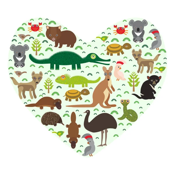 Dieren Australië Collectie: Echidna Platypus struisvogel Emu Tasmaanse duivel Cockatoo papegaai Wombat slang schildpad krokodil kangoeroe dingo. Groen hart geïsoleerd op witte achtergrond kaart banner. Vector — Stockvector