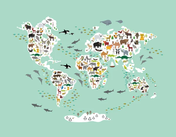 Mapa del mundo de los animales de dibujos animados para niños niños, de vuelta a la escuela. Animales de todo el mundo, islas de continentes blancos en verde menta chartreuse fondo del océano y el mar. Decoración escandinava. Vector — Vector de stock