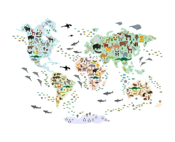 아이들을 위한 만화 동물 세계 지도는 학교로 돌아갑니다. 전 세계의 동물들, 바다와 바다의 하얀 배경 위의 다채 로운 대륙의 섬 들입니다. 스칸디나비아 디오르. Vector — 스톡 벡터