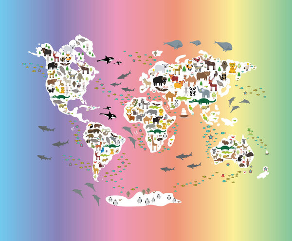 Cartoon animal world map for children and kids, back to school. Animals from all over the world white continents islands on rainbow background of ocean and sea. Scandinavian decor. Vector