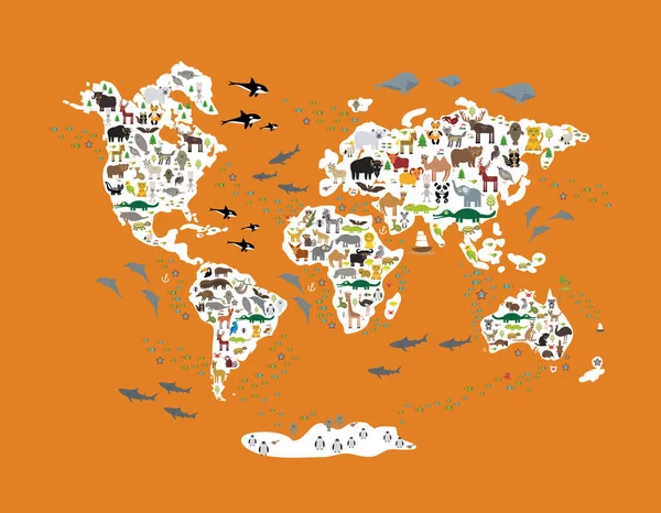 Mapa del mundo de los animales de dibujos animados para niños niños, de vuelta a la escuela. Animales de todo el mundo islas continentes blancos sobre Sepia bronce naranja Rust fondo del océano y el mar. Decoración escandinava. Vector — Vector de stock