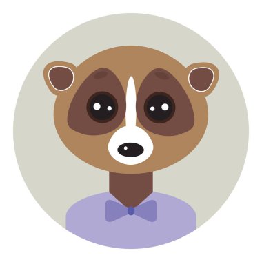 Kawaii komik lemur, portre, yüzü gri yuvarlak arka plan. Kart tasarımı, sezonun kreş dekoru, İskandinav tarzı. Vektör illüstrasyonu