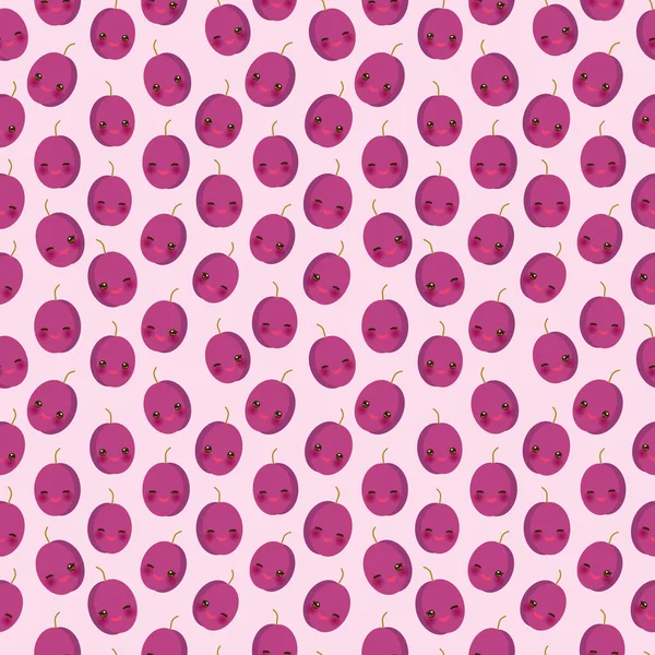 Seamless Pattern Cute Kawaii Purple Plum Wink Eyes Pink Cheeks — Stock Vector