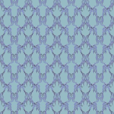 Çiçekli rokoko klasik dikişsiz desen, klasik İspanyol kumaşı süsü. Mavi çivit, kobalt, gri arka plan. Hediye paketi, kumaşlar, duvar kağıtları için kullanılabilir. Vektör illüstrasyonu