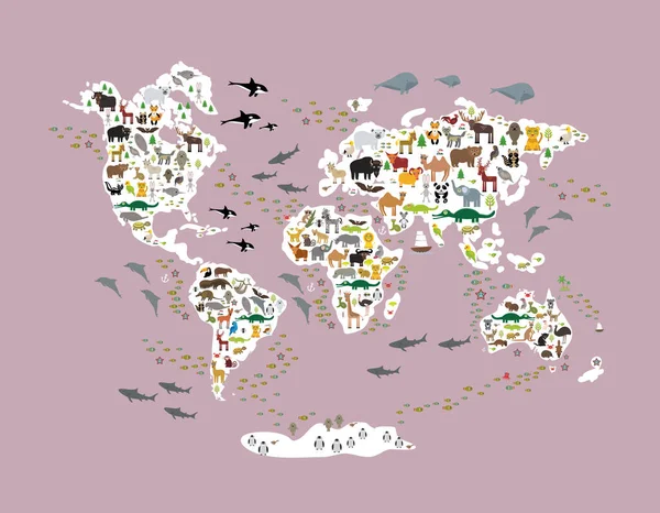 卡通动物世界的儿童地图 回到学校 来自世界各地的动物 白色的大陆岛屿上紫色紫丁香背景的海洋 斯堪的纳维亚装饰 矢量说明 — 图库矢量图片