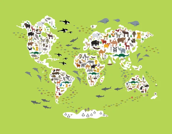 Mapa Del Mundo Los Animales Dibujos Animados Para Niños Niños — Vector de stock