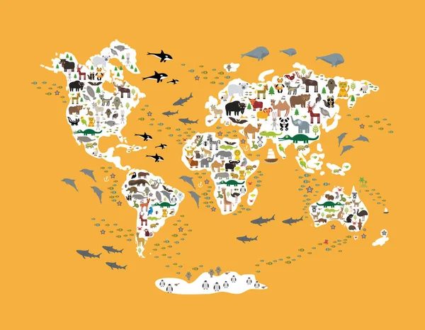 卡通动物世界的儿童地图 回到学校 来自世界各地的动物 分布在白色大陆的岛屿上 背景是黄色的橙色琥珀色的海洋 斯堪的纳维亚装饰 矢量说明 — 图库矢量图片
