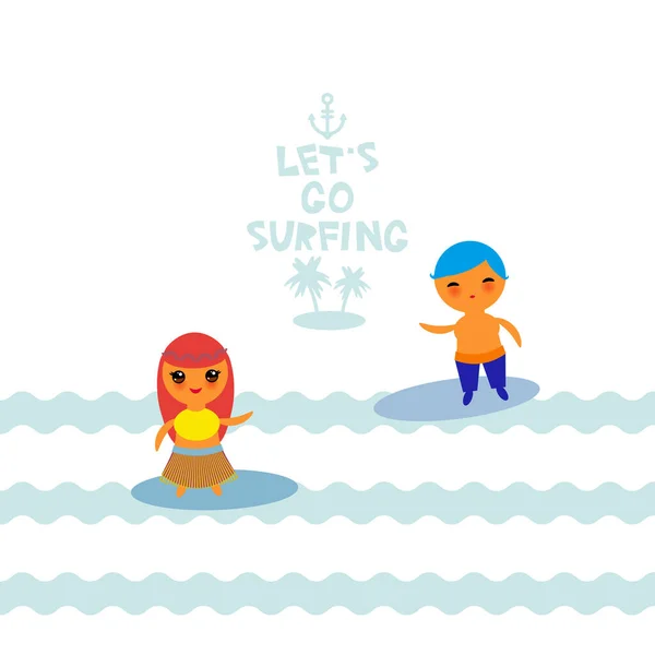 Chodźmy Surfować Słodki Kawaii Chłopiec Dziewczyna Dzieci Kreskówek Surfing Pływanie — Wektor stockowy
